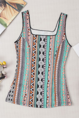 Green Geometric Printed Square Neck Tank Top