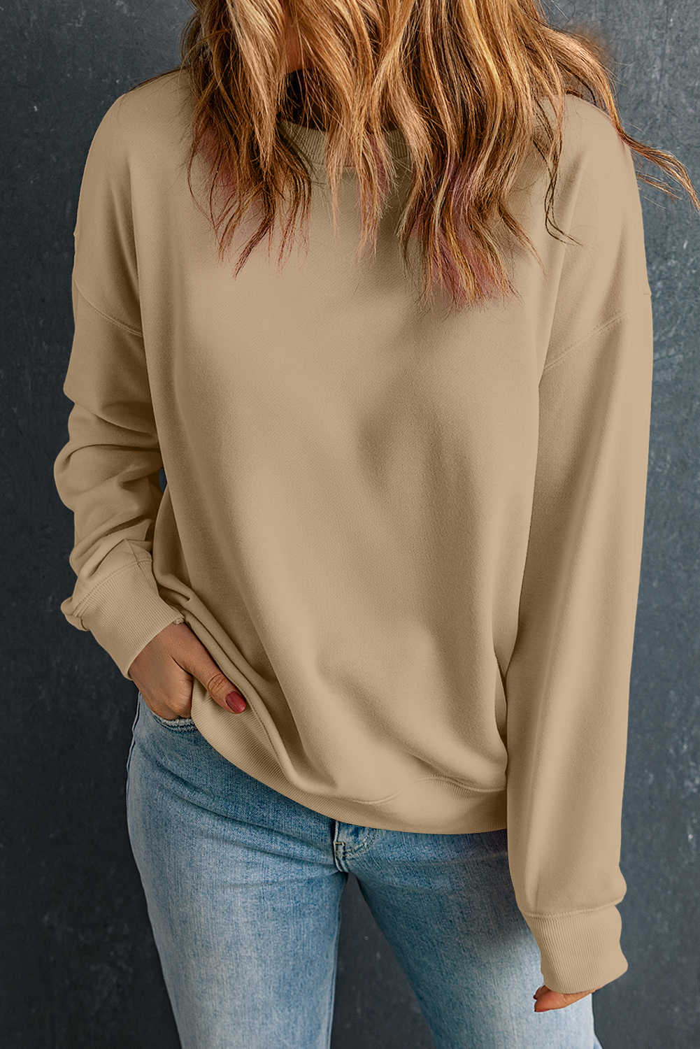 Khaki Solid Color Crewneck Drop Sleeve Sweatshirt