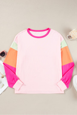Pink Color Block Sleeve Loose Fit Top