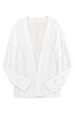 White Solid Color Hollow Knit Open Front Cardigan