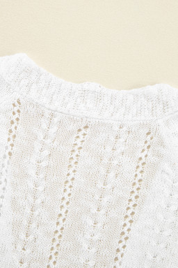 White Solid Color Hollow Knit Open Front Cardigan