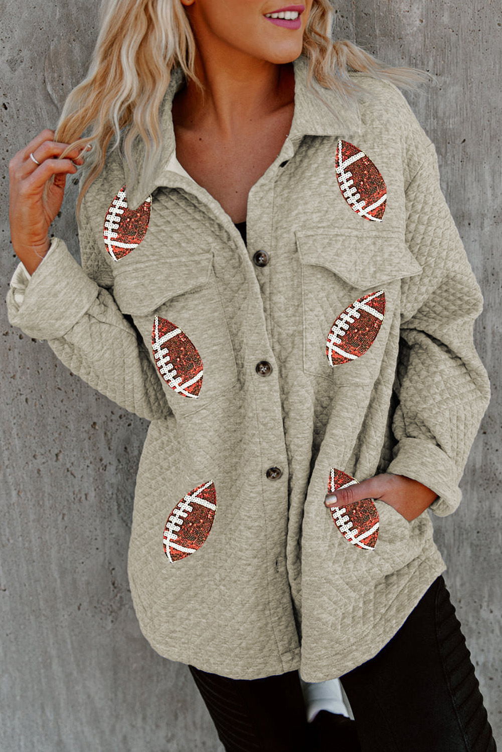 Beige Quilted BASEBALL Graphic Button Down Shacket