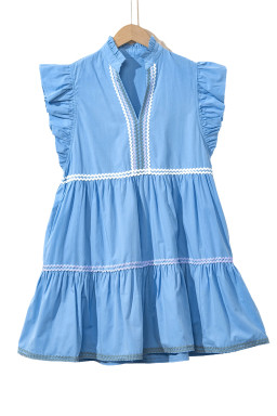 Beau Blue Flutter Sleeve V Neck Ric Rac Tiered Dress
