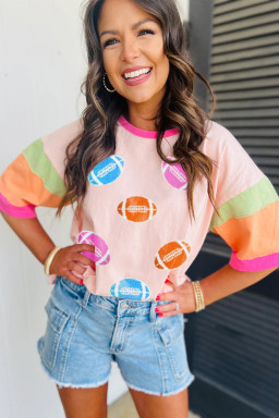Pink Game Day Football Graphic Color Block Sleeve Tee
