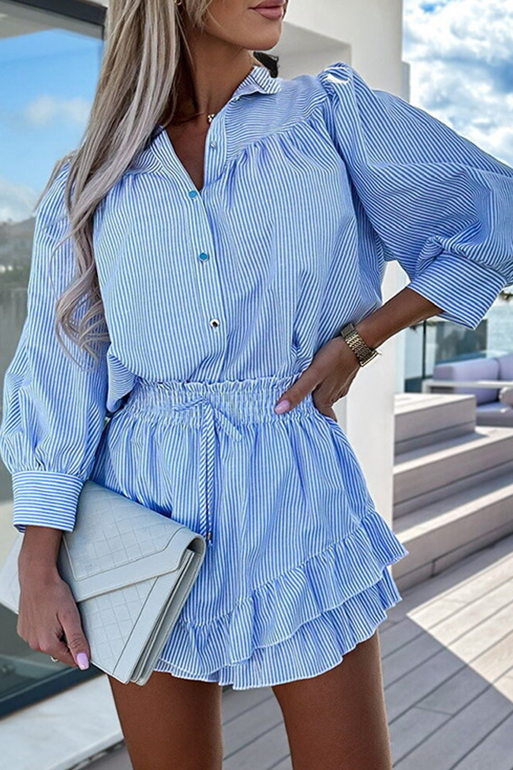 Shewin Wholesale Chic Women Sky Blue Striped Puff Sleeve Blouse and Ruffle Mini Skirt Set