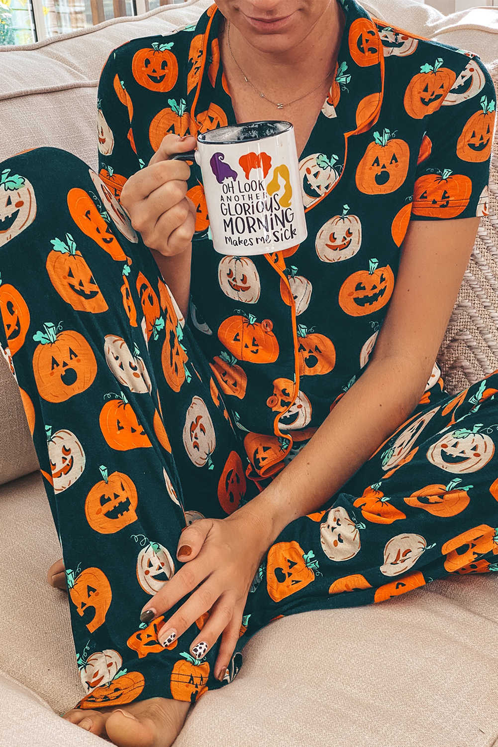 Conjunt de pijama amb camisa de màniga curta de carabassa de Halloween taronja