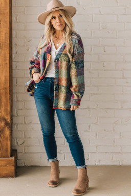 Multicolor Brushed Checked Tunic Buttoned Shacket