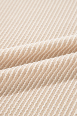 Beige Crinkle Rib Knit Pocketed Loose Fit Crew Neck T Shirt