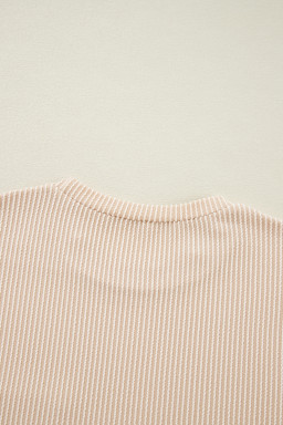 Beige Crinkle Rib Knit Pocketed Loose Fit Crew Neck T Shirt