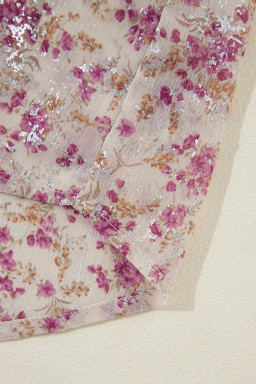 Pink Ditsy Floral Print Bishop Sleeve Collared V Neck Shirt