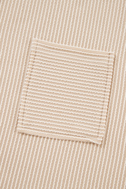 Beige Crinkle Rib Knit Pocketed Loose Fit Crew Neck T Shirt