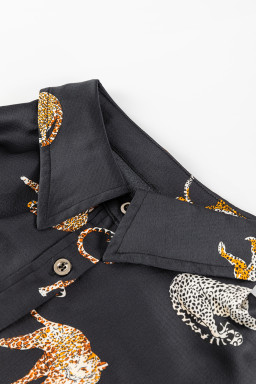 Black Animal Print Button Up Satin Shirt