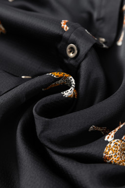 Black Animal Print Button Up Satin Shirt