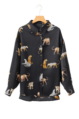 Black Animal Print Button Up Satin Shirt