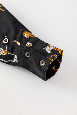 Black Animal Print Button Up Satin Shirt