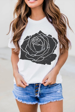 White Large Rose Graphic Crew Neck T Shirt