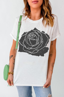 White Large Rose Graphic Crew Neck T Shirt