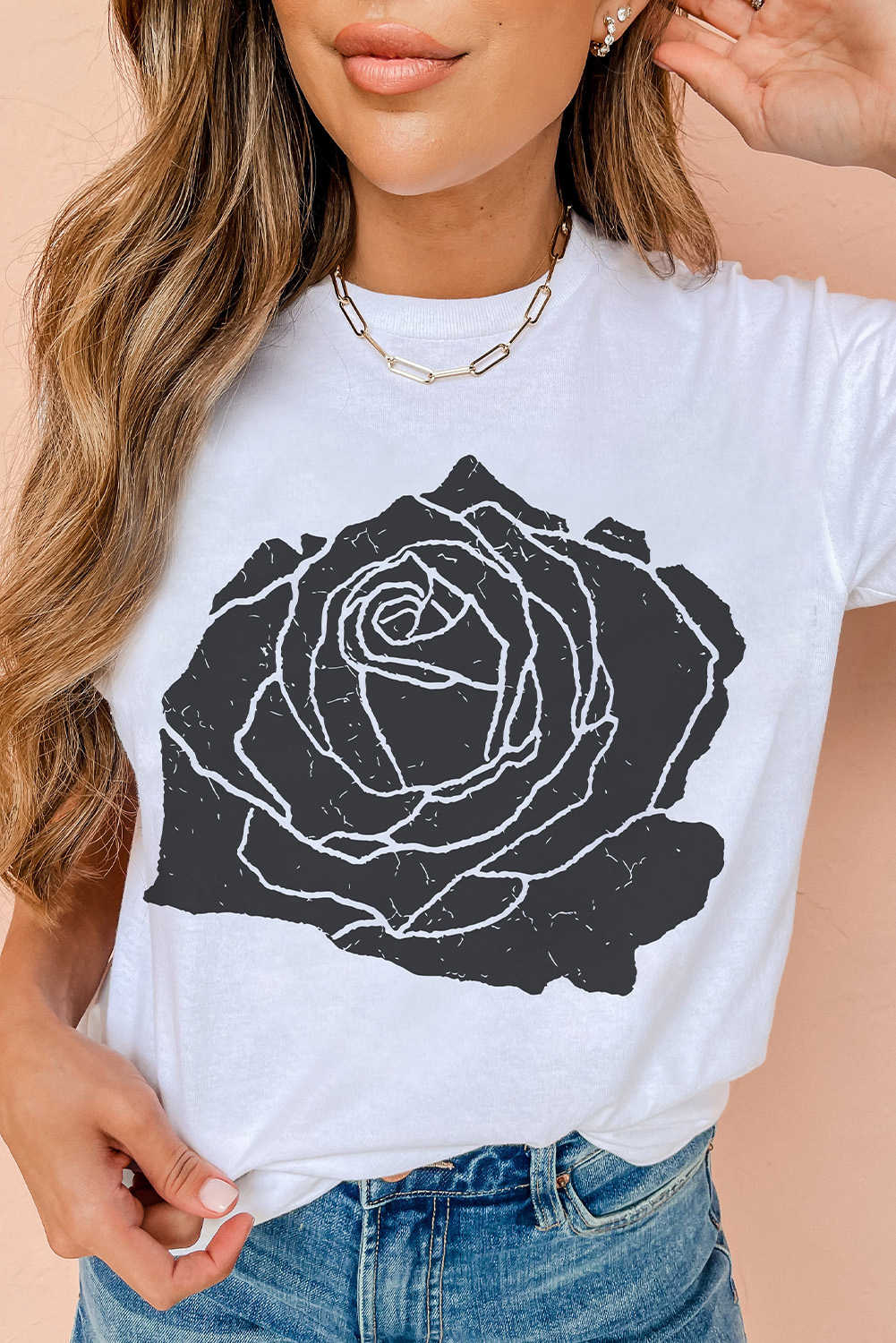 White Large Rose Graphic Crew Neck T Shirt