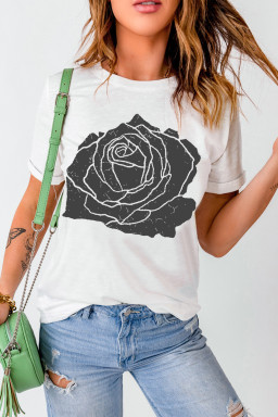 White Large Rose Graphic Crew Neck T Shirt