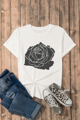 White Large Rose Graphic Crew Neck T Shirt