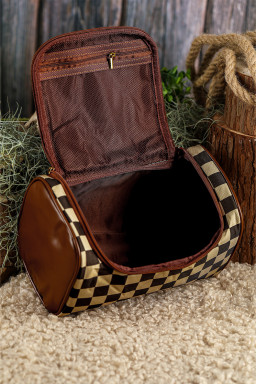 Checkered Zipper Large Cosmetic Bag with Handle