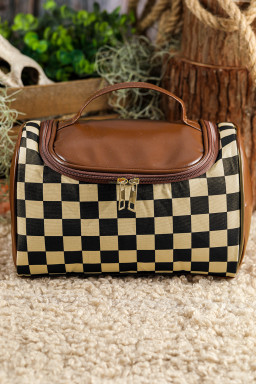 Checkered Zipper Large Cosmetic Bag with Handle