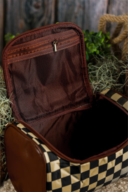 Checkered Zipper Large Cosmetic Bag with Handle