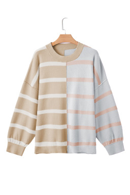 Khaki Stripe Exposed Seam Loose Sweater