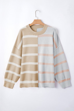 Khaki Stripe Exposed Seam Loose Sweater