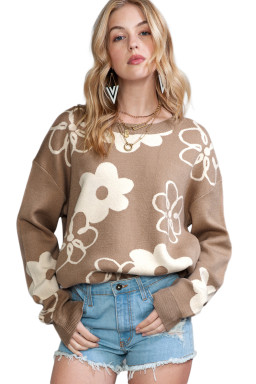 Camel 60s Floral Print Ribbed Contrast Sweater