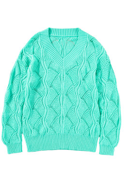 Mint Green Hollow Out Knit V Neck Drop Shoulder Sweater