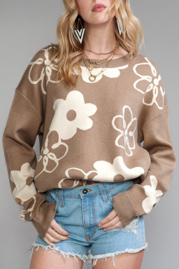 Camel 60s Floral Print Ribbed Contrast Sweater