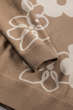 Camel 60s Floral Print Ribbed Contrast Sweater