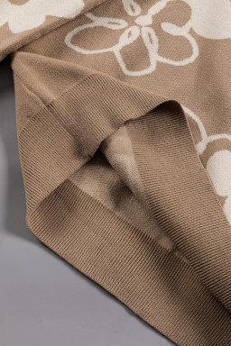 Camel 60s Floral Print Ribbed Contrast Sweater