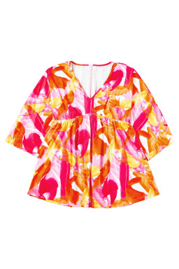 Orange Abstract Print 3/4 Sleeve V Neck Ruffled Babydoll Blouse