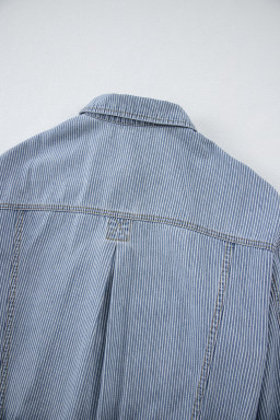 Sky Blue Stripe Washed Oversized Pocketed Denim Jacket