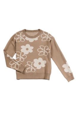 Camel 60s Floral Print Ribbed Contrast Sweater