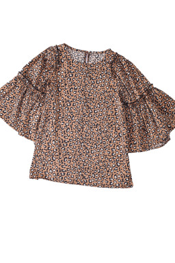 Chestnut Leopard Ruffle Flounce Sleeve Blouse