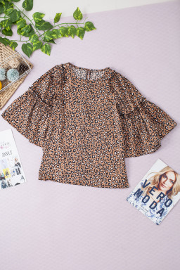 Chestnut Leopard Ruffle Flounce Sleeve Blouse