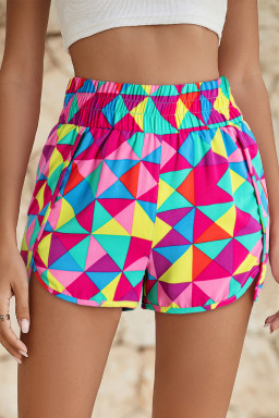 Multicolor Geometric Elastic High Waisted Shorts for Women