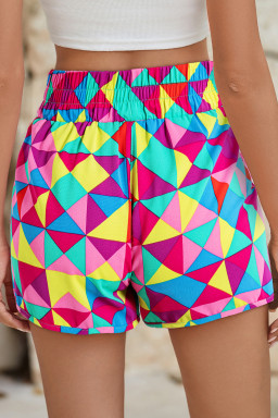 Multicolor Geometric Elastic High Waisted Shorts for Women