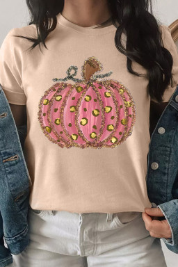 Khaki Leopard Pumpkin Graphic Round Neck T Shirt