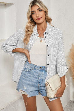 Black Stripe Roll-tab Sleeve Pocketed Tunic Shirt Shacket