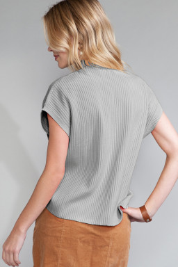 Gray Patch Pocket Ribbed Knit Short Sleeve Sweater
