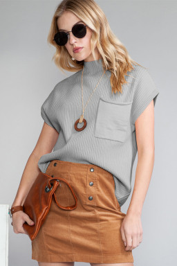Gray Patch Pocket Ribbed Knit Short Sleeve Sweater