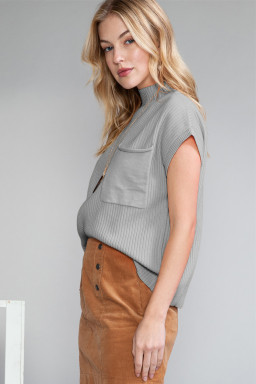 Gray Patch Pocket Ribbed Knit Short Sleeve Sweater