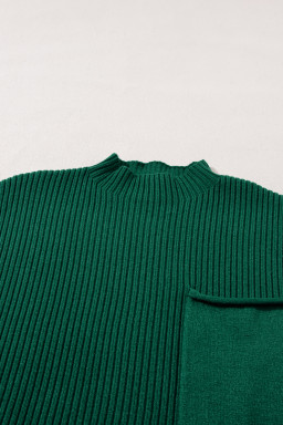 Green Patch Pocket Ribbed Knit Short Sleeve Sweater