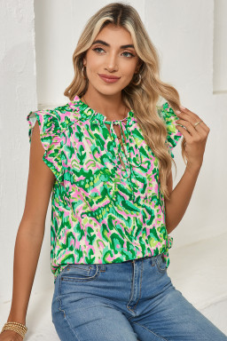 Green Abstract Print Frill Split Neck Ruffle Sleeveless Top