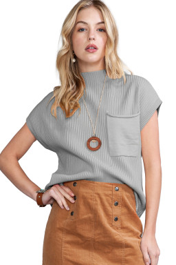 Gray Patch Pocket Ribbed Knit Short Sleeve Sweater
