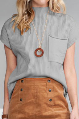 Gray Patch Pocket Ribbed Knit Short Sleeve Sweater